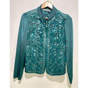 Peter Nygard leather front knitted jacket Y2K draped green disco night women S